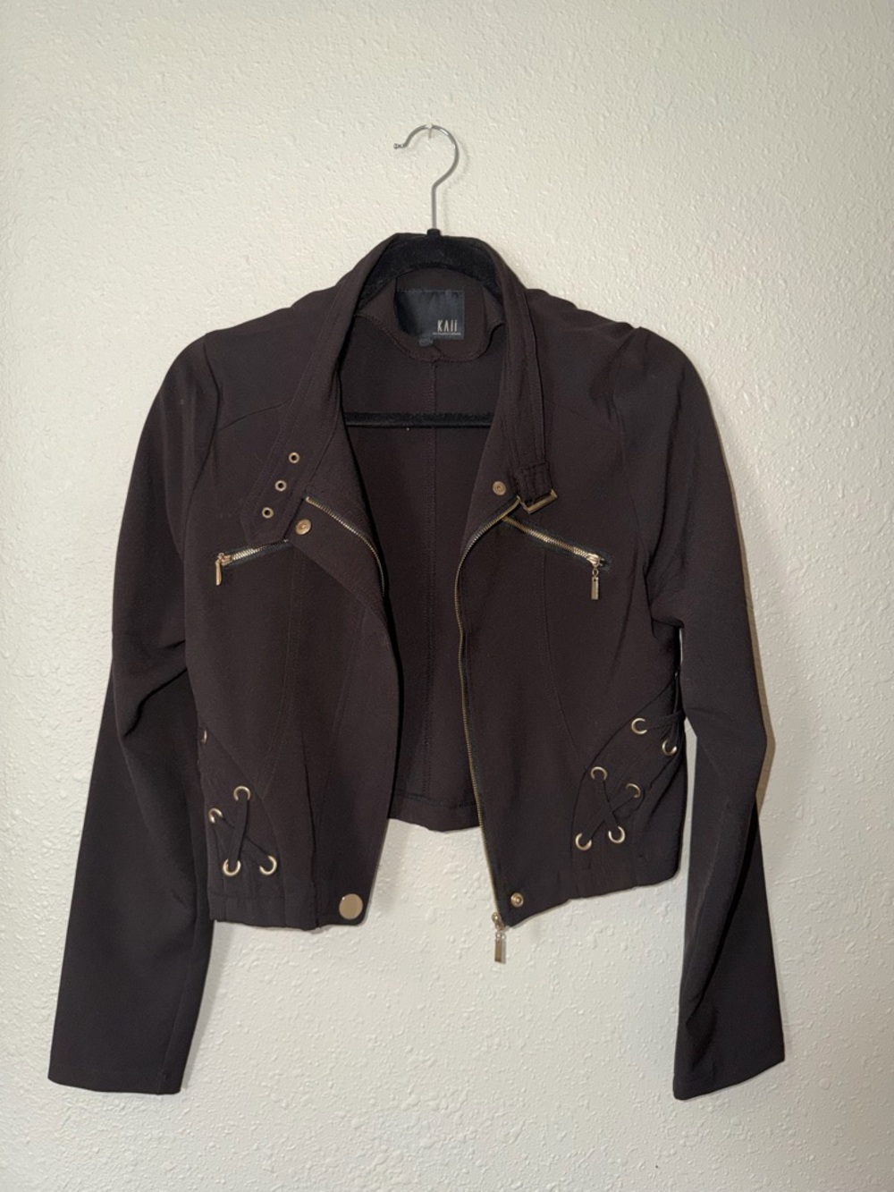 Kaii Black Cropped Moto Jacket with Lace-Up Details